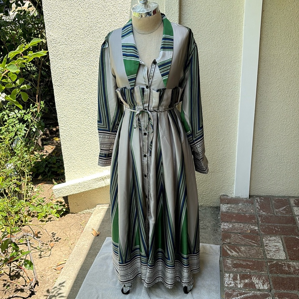 NWOT Beulah luxury brand Striped Green & Blue midi Dress w/ buttons & tie waist - Picture 4 of 13